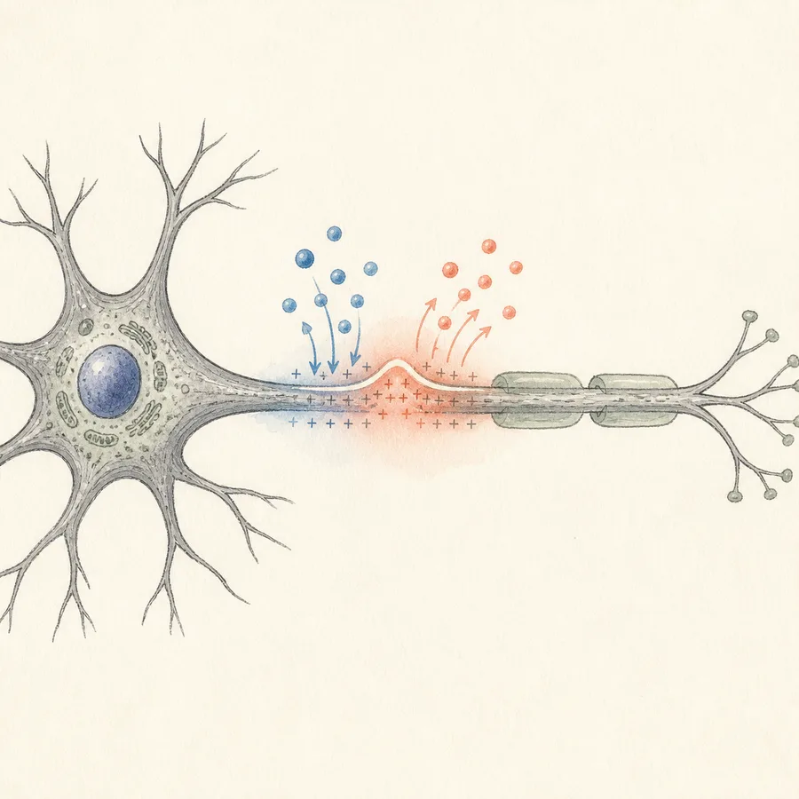 Generated hand-drawn illustration of an action potential traveling along a neuron